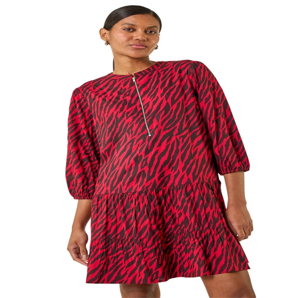Roman Red Animal Print Zip Front Dress