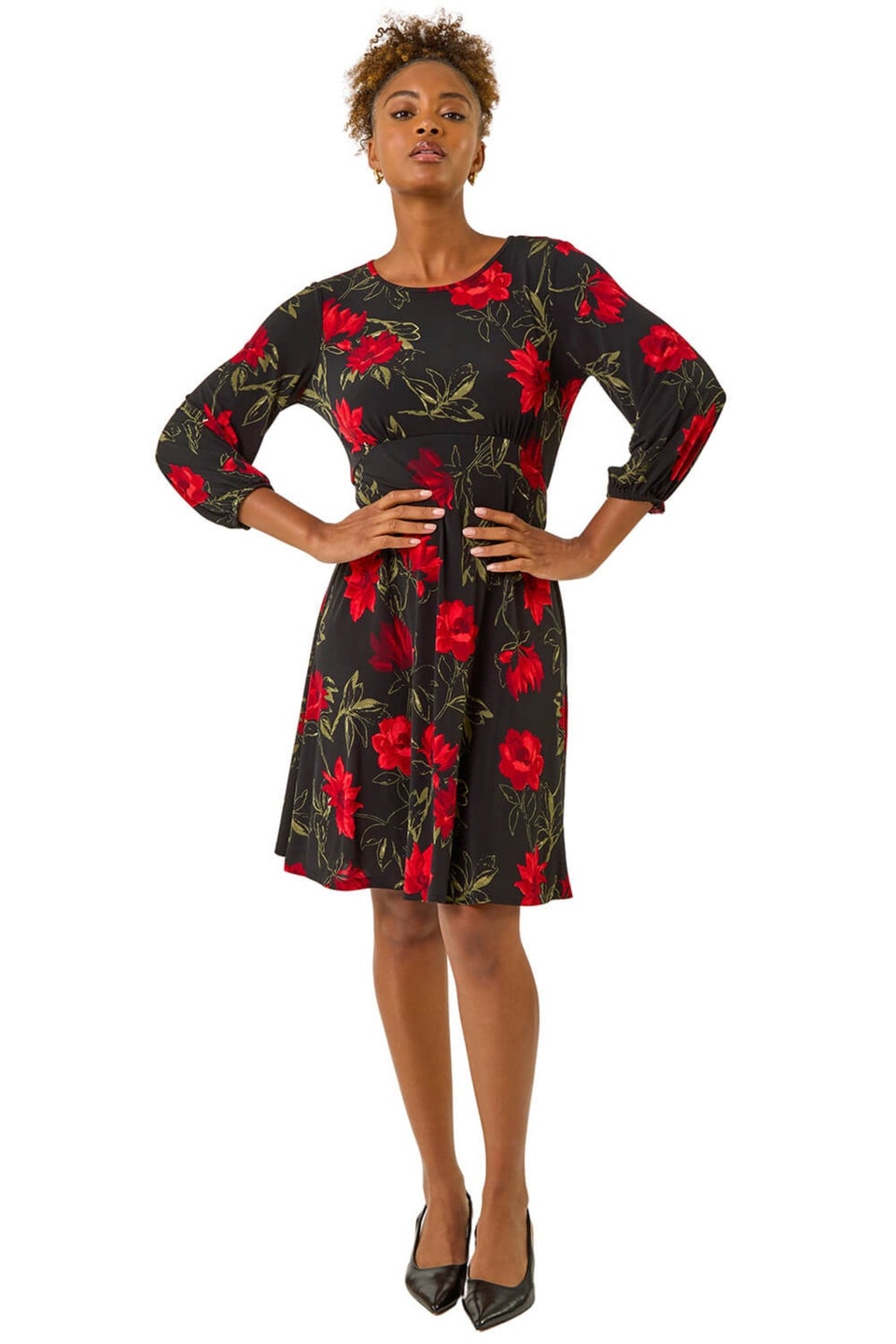 Roman Red Floral Print Stretch Dress