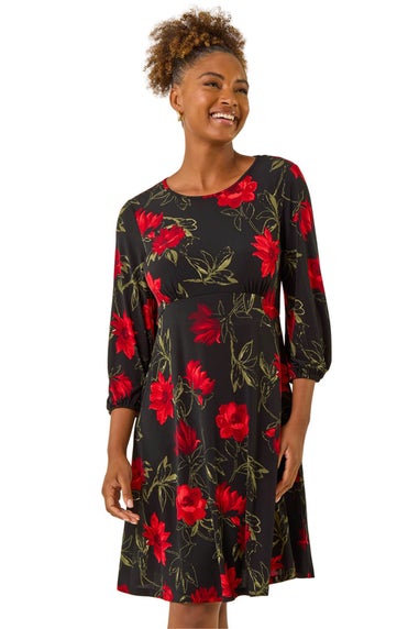 Roman Red Floral Print Stretch Dress