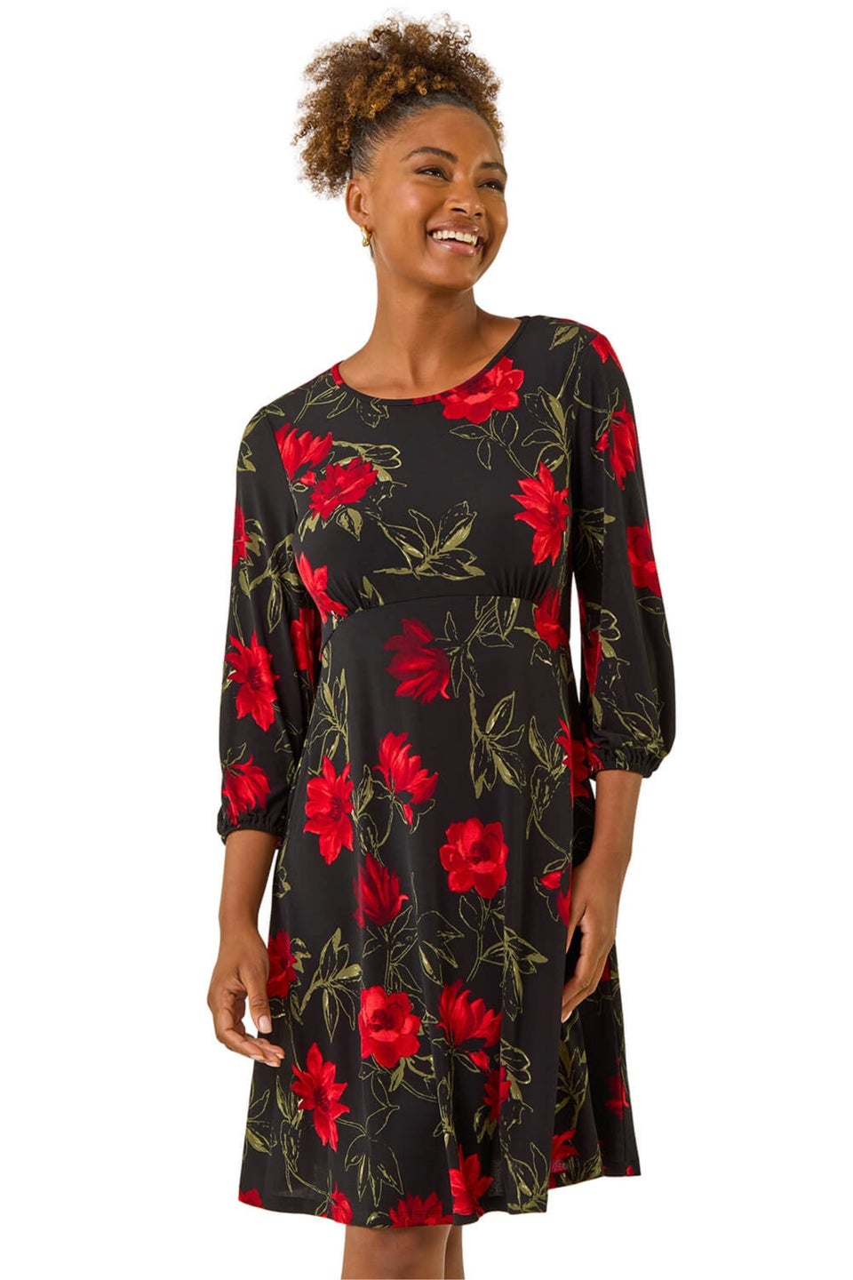 Roman Red Floral Print Stretch Dress