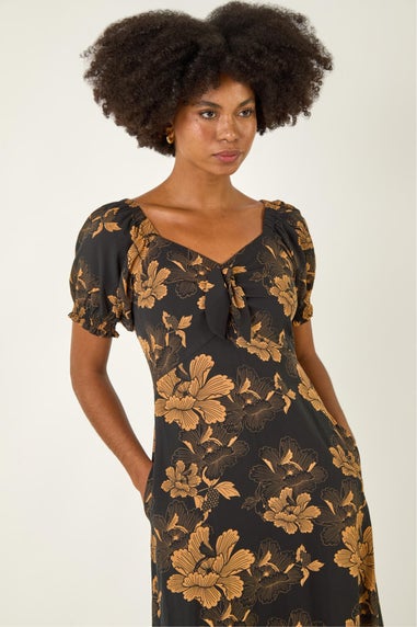 Roman Amber Floral Print Ruched Midi Dress