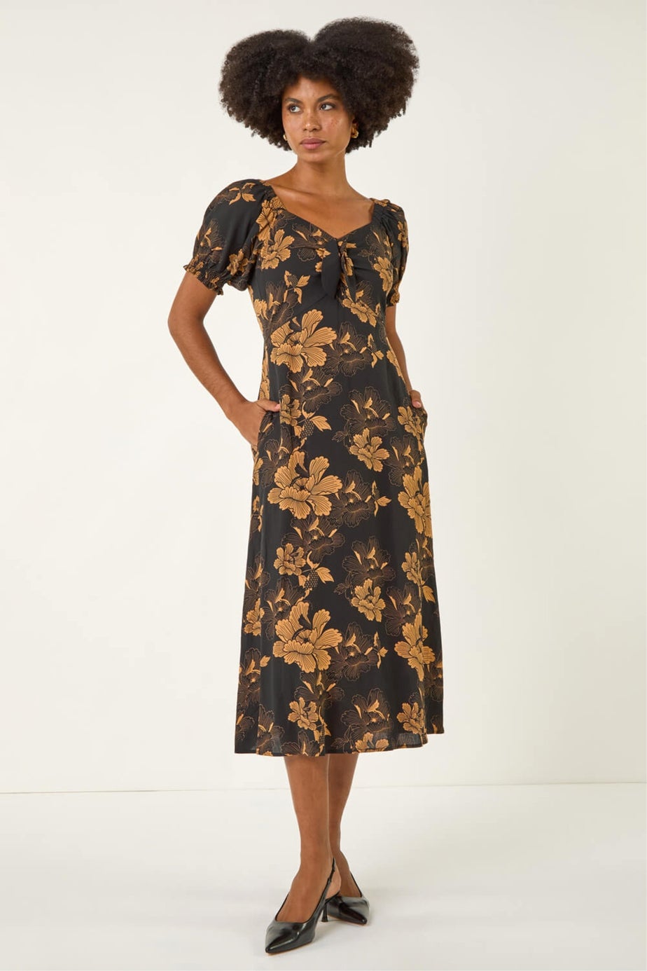 Roman Amber Floral Print Ruched Midi Dress
