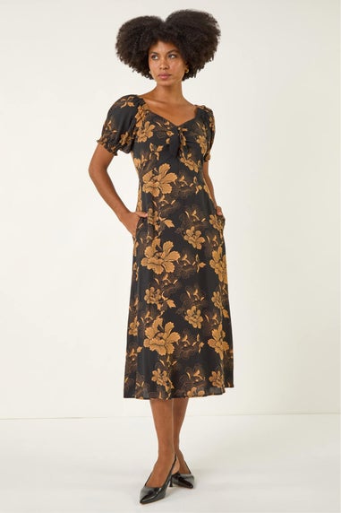 Roman Amber Floral Print Ruched Midi Dress