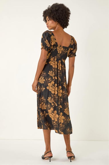 Roman Amber Floral Print Ruched Midi Dress