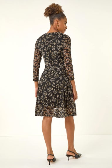 Roman Black Geo Print Lace Stretch Dress