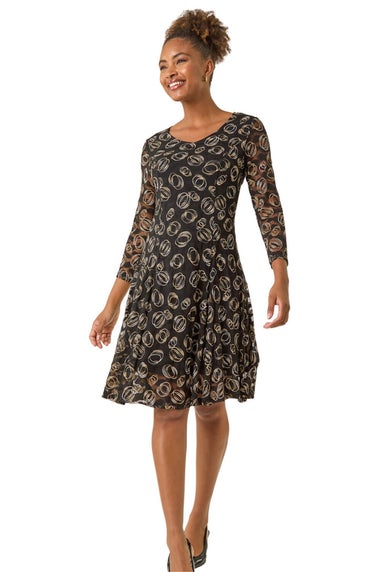 Roman Black Geo Print Lace Stretch Dress