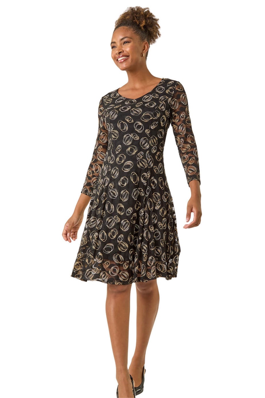 Roman Black Geo Print Lace Stretch Dress