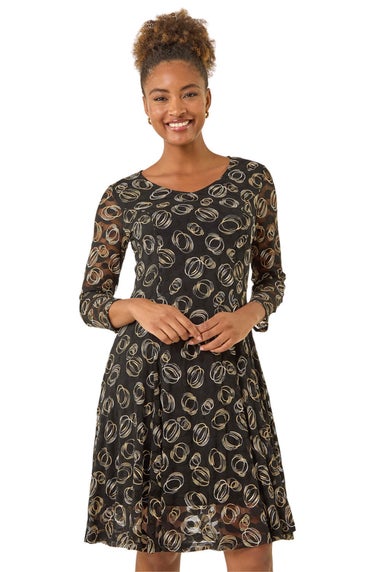 Roman Black Geo Print Lace Stretch Dress