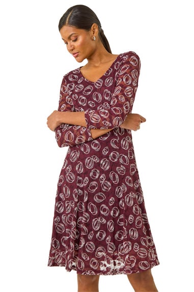 Roman Wine Geo Print Lace Stretch Dress