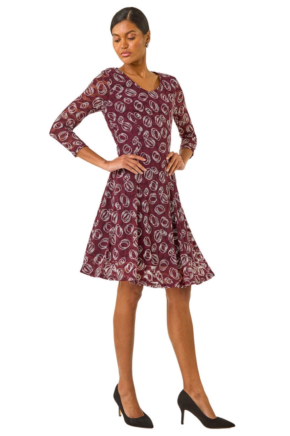 Roman Wine Geo Print Lace Stretch Dress