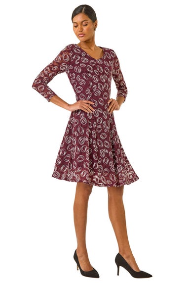 Roman Wine Geo Print Lace Stretch Dress