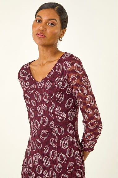 Roman Wine Geo Print Lace Stretch Dress