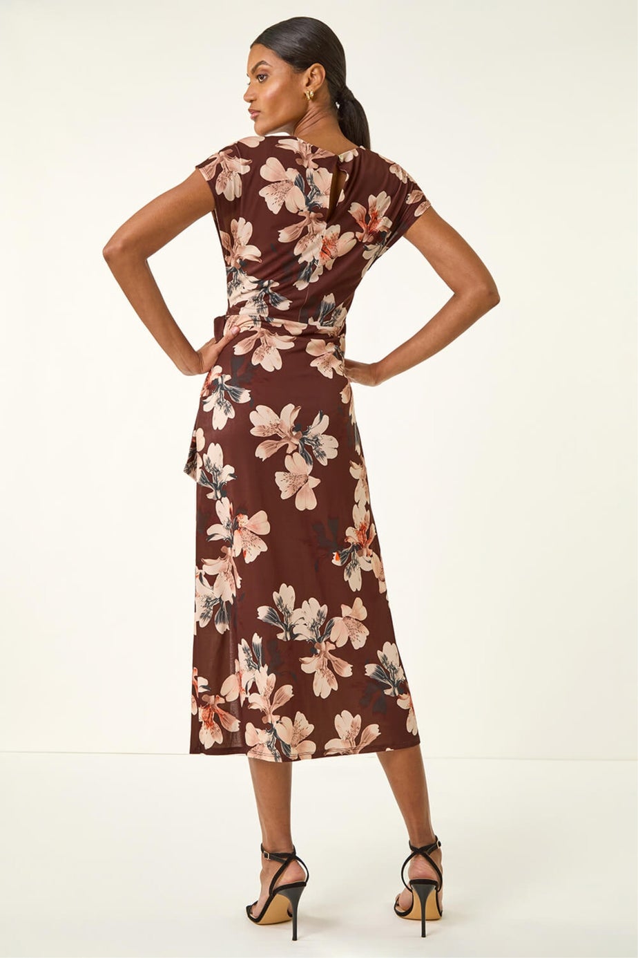 Roman Brown Floral Twist Stretch Dress