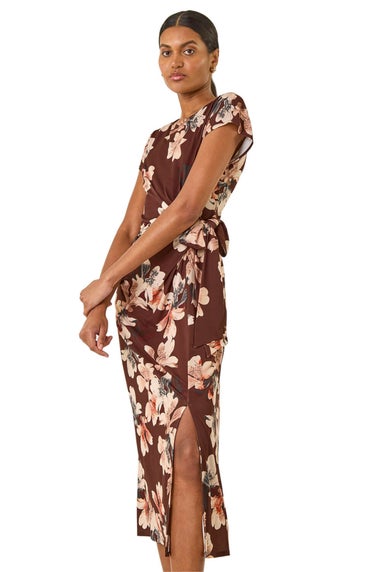 Roman Brown Floral Twist Stretch Dress