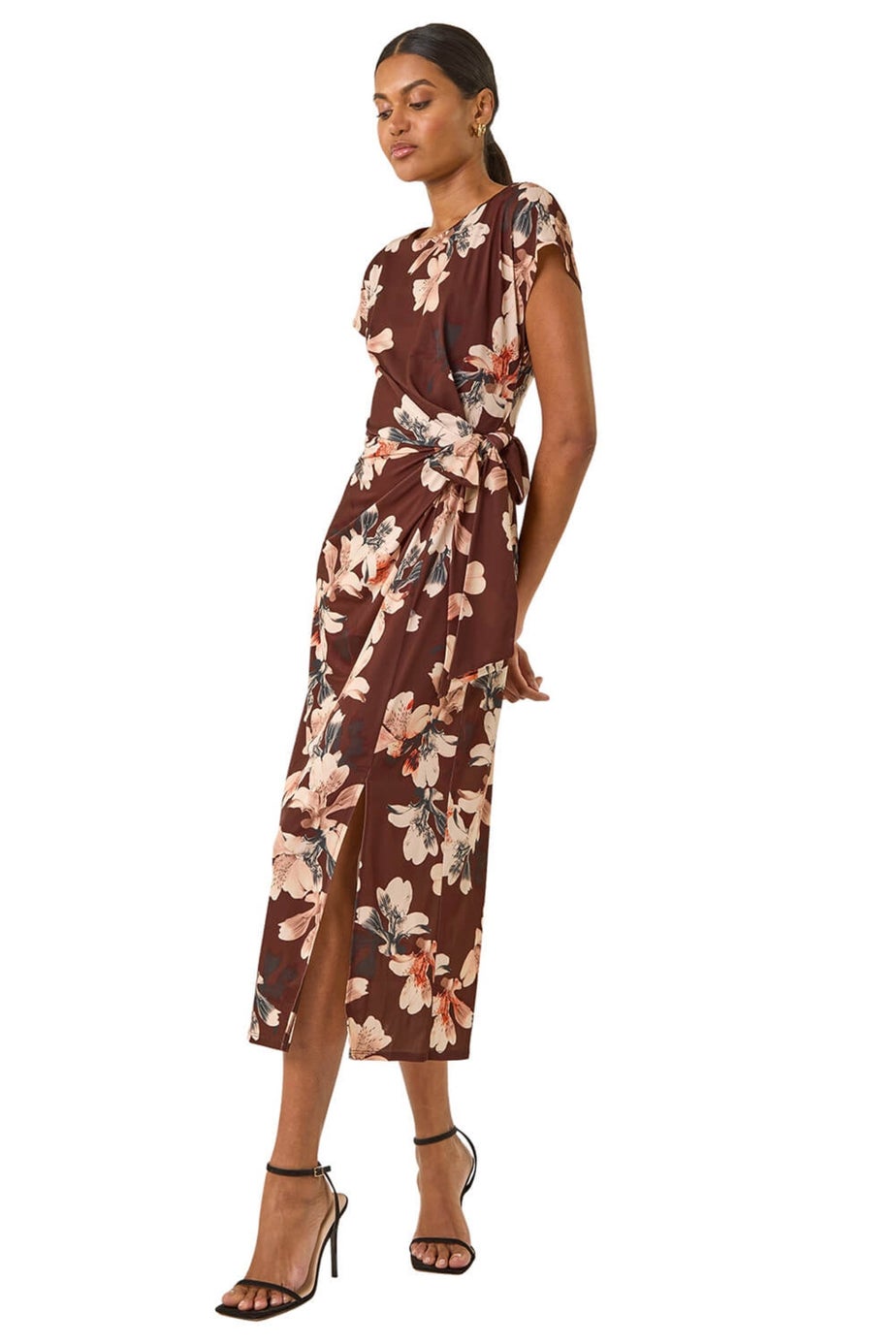 Roman Brown Floral Twist Stretch Dress