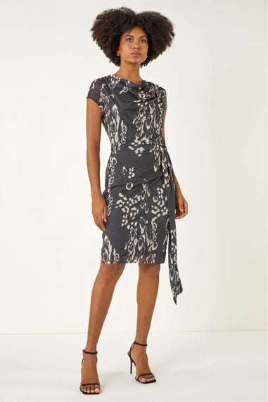 Roman Black Abstract Wrap Tie Dress