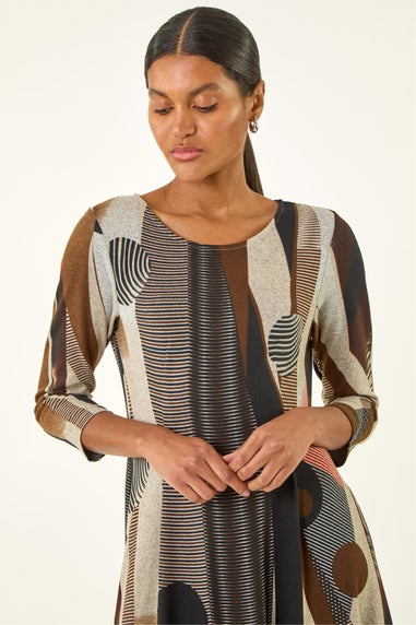 Roman Tan Geo Print Hanky Hem Stretch Dress
