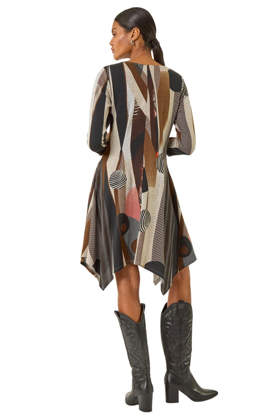 Roman Tan Geo Print Hanky Hem Stretch Dress