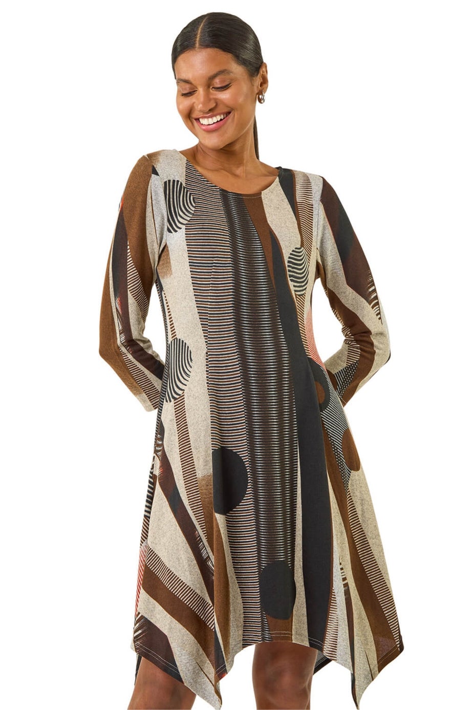 Roman Tan Geo Print Hanky Hem Stretch Dress