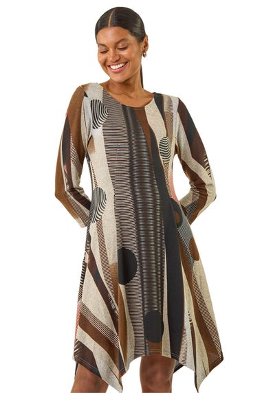 Roman Tan Geo Print Hanky Hem Stretch Dress
