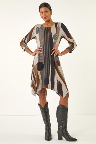 Roman Tan Geo Print Hanky Hem Stretch Dress