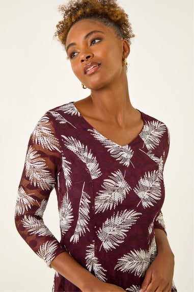 Roman Wine Leaf Print Lace Stretch Dress