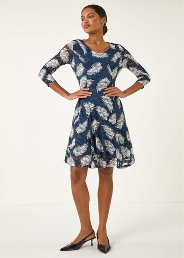 Roman Teal Leaf Print Lace Stretch Dress