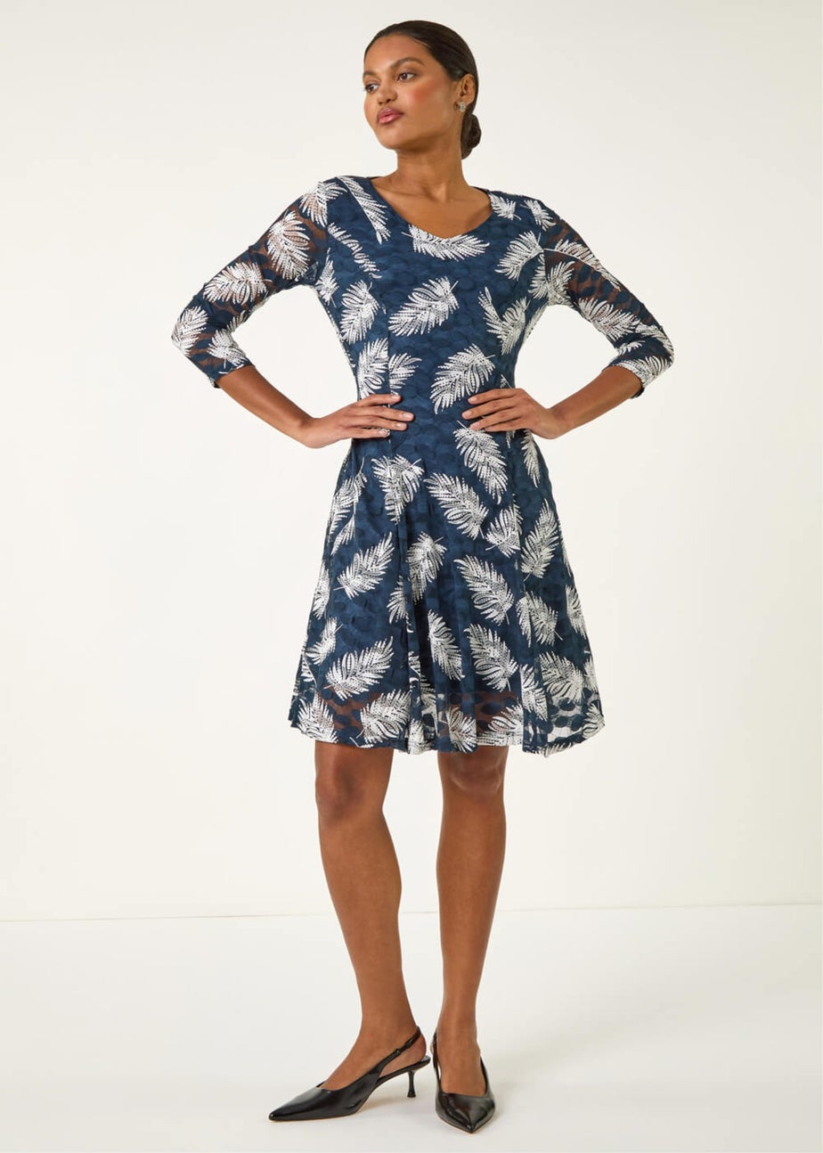 Roman Teal Leaf Print Lace Stretch Dress