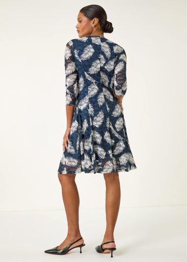 Roman Teal Leaf Print Lace Stretch Dress