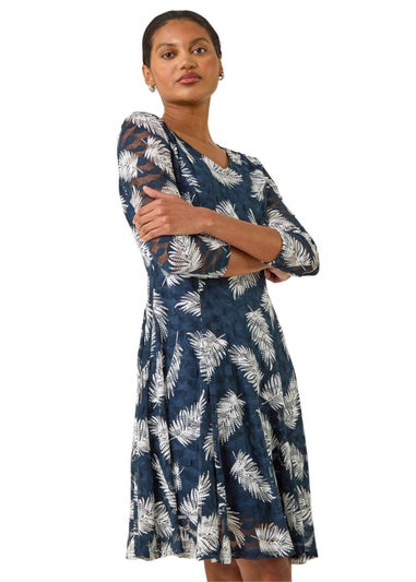Roman Teal Leaf Print Lace Stretch Dress