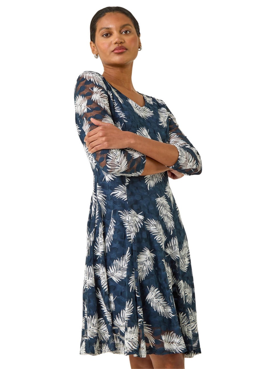 Roman Teal Leaf Print Lace Stretch Dress