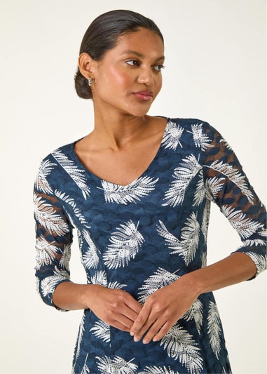 Roman Teal Leaf Print Lace Stretch Dress