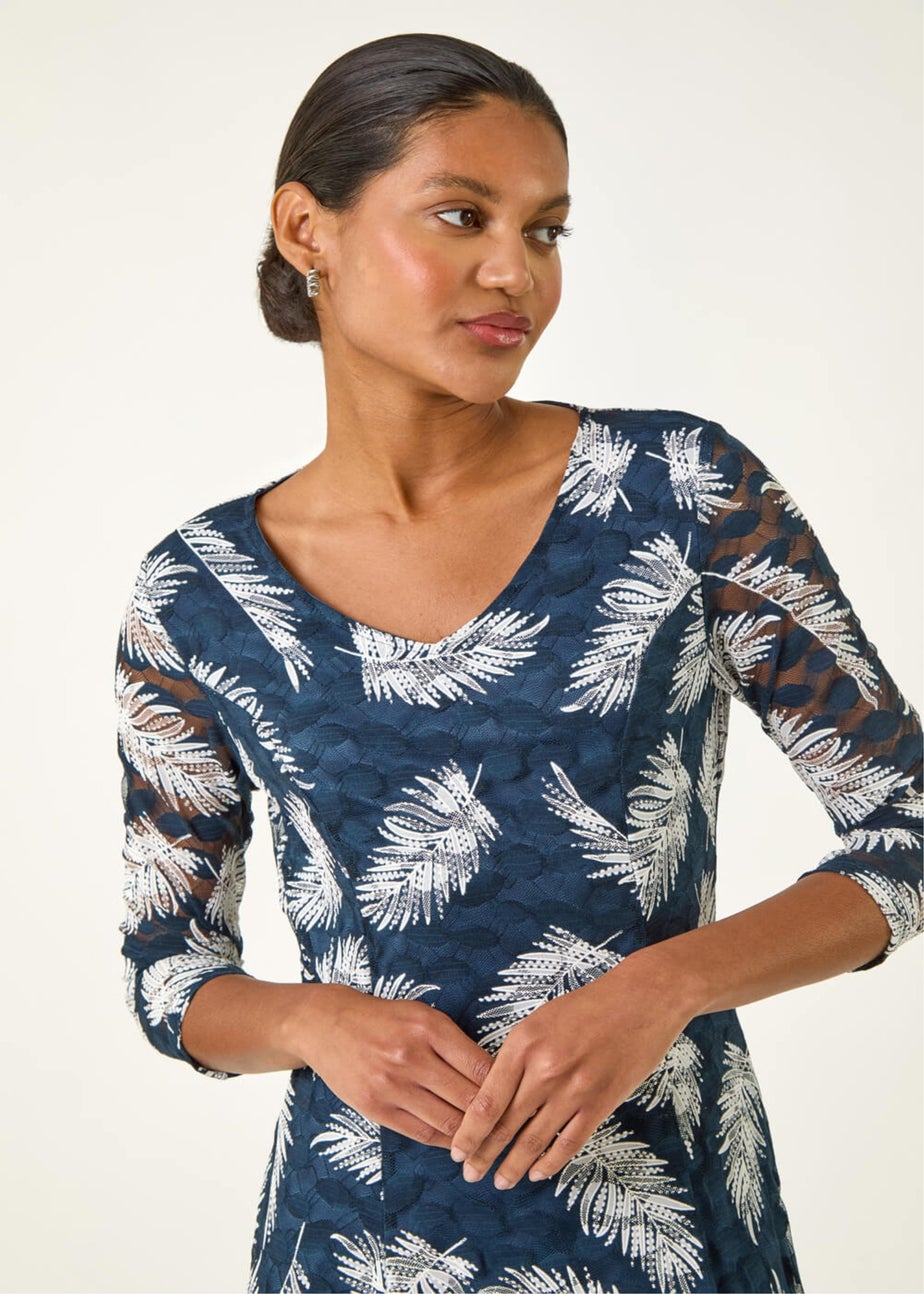Roman Teal Leaf Print Lace Stretch Dress