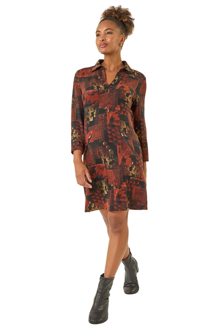 Roman Orange Patchwork Print Shift Dress