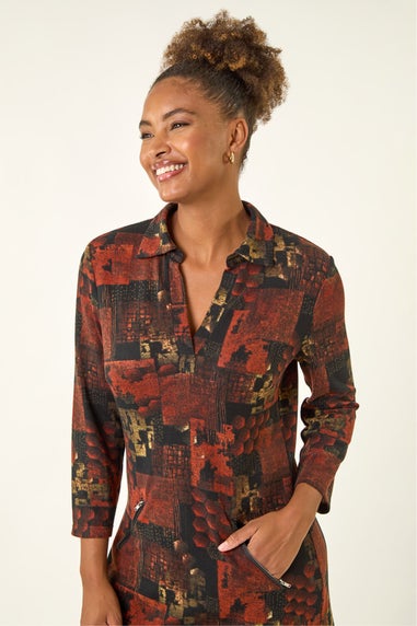 Roman Orange Patchwork Print Shift Dress