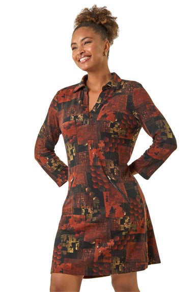 Roman Orange Patchwork Print Shift Dress