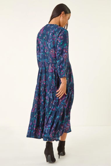 Roman Navy Petite Abstract Print Frill Dress