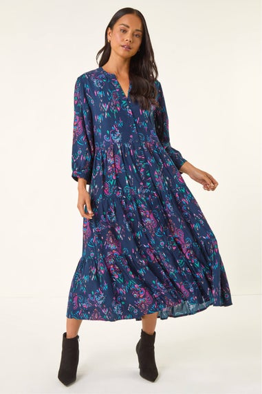 Roman Navy Petite Abstract Print Frill Dress