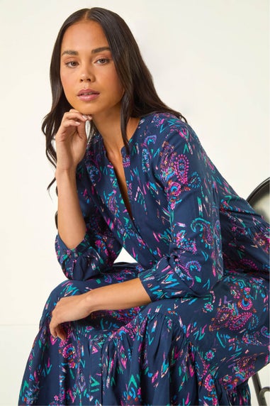 Roman Navy Petite Abstract Print Frill Dress