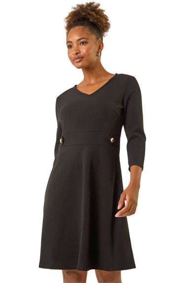 Roman Black V-Neck Buttoned Stretch Dress