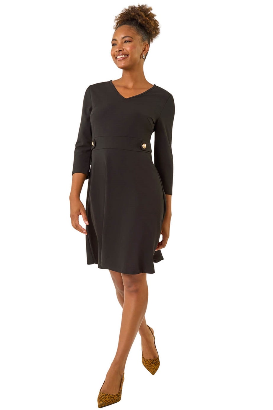 Roman Black V-Neck Buttoned Stretch Dress