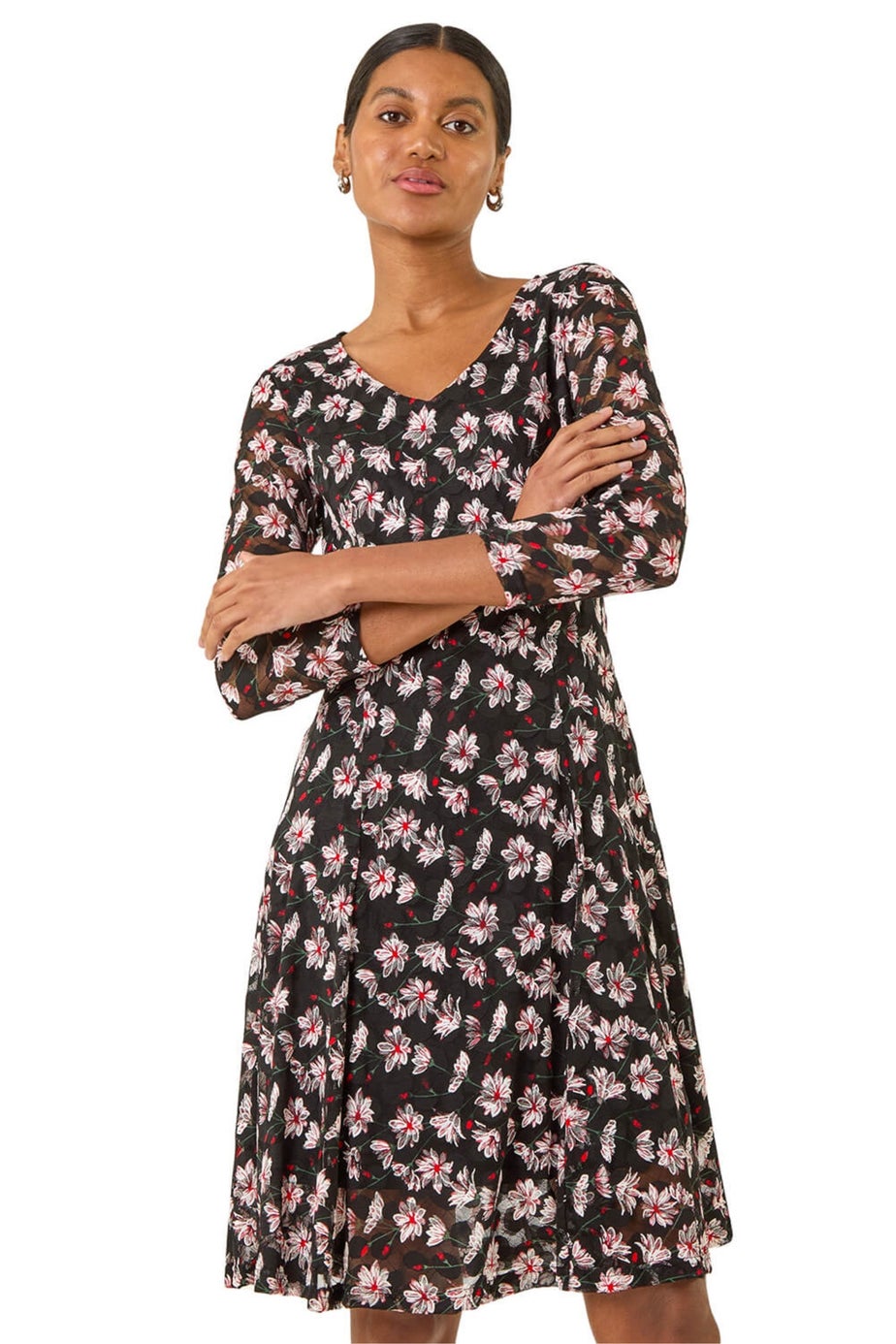 Roman Red Floral Print Lace Stretch Dress