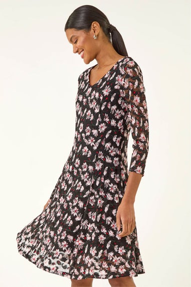 Roman Red Floral Print Lace Stretch Dress