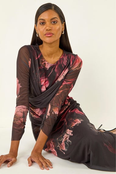 Roman Black Floral Mesh Stretch Maxi Dress