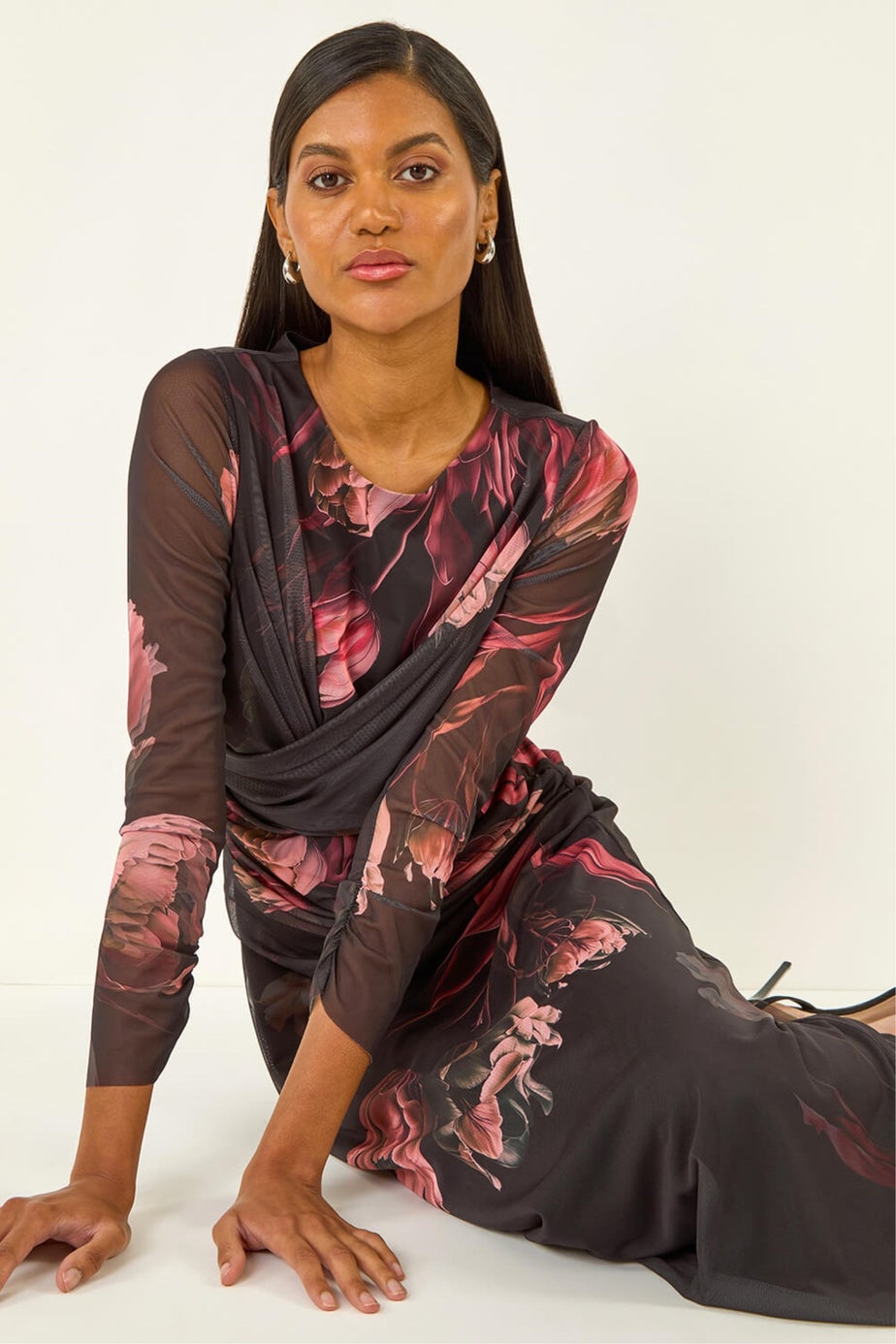 Roman Black Floral Mesh Stretch Maxi Dress