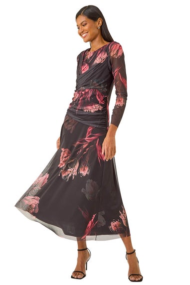 Roman Black Floral Mesh Stretch Maxi Dress