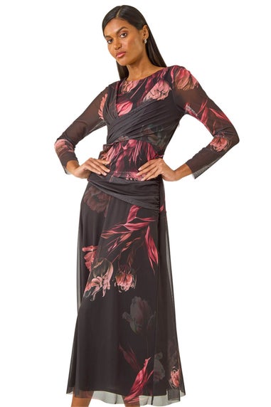Roman Black Floral Mesh Stretch Maxi Dress