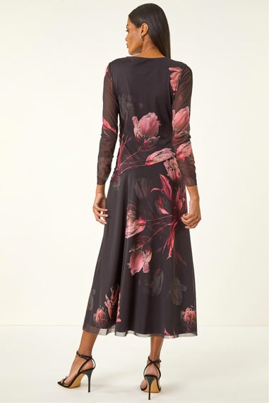 Roman Black Floral Mesh Stretch Maxi Dress