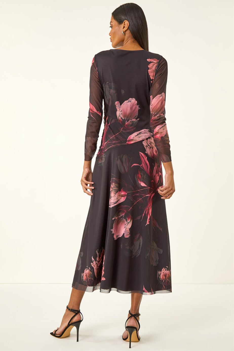 Roman Black Floral Mesh Stretch Maxi Dress