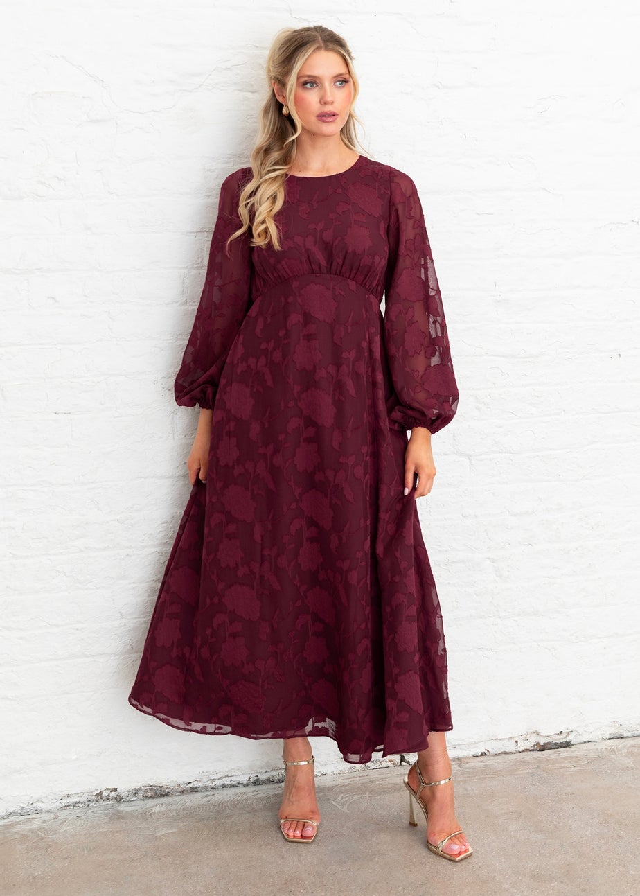 Lovedrobe Red Floral Burnout Long Sleeve Keyhole Back Midaxi Dress